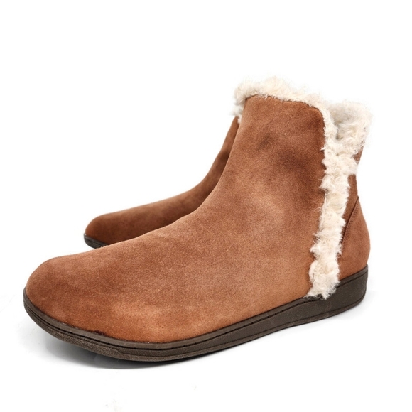 Vionic Shoes - Vionic Unwind Tan Suede Faux Shearling Notched Sides Pull-On Flat Ankle Booties